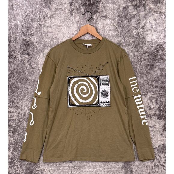 Ganni Top XS Womens Graphic Tee Long Sleeve Oversized Shirt - Picture 1 of 11